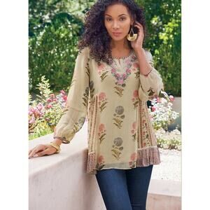 Soft Surroundings Serenata Tunic Top Blouse M Sheer Embroidered Boho Fairy Artsy